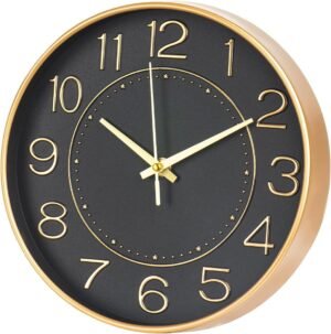 HZDHCLH Wall Clock 10 Inch Silent Non Ticking Clock Round Wall Decor，Wall Clocks for Living Room Kitchen Office (Black Gold)