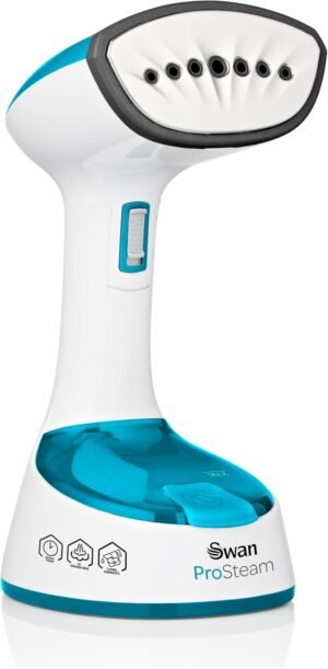 Swan SI12030N Foldable Garment Steamer with Removable Brush Attachments, Lightweight, 120ml Water Tank, 1470 Watts, White and Blue