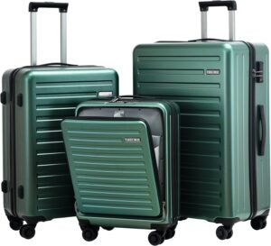 TydeCkare 3 Pcs (20/24/28) Luggage Set, Hardshell ABS+PC with TSA Lock, 20" 55 * 40 * 20cm Carry On with Front Pocket, 24" 65L and 28" 101L Checked Luggage, Dark Green