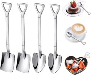 nuoshen 4 Pcs Shovel Spoon, Stainless Steel Coffee Stirring Shovel Shape Dessert Spoons for Kitchen Tea Parties (Silver)