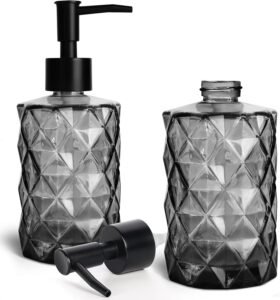 2 Pack Glass Soap Dispensers, 330 ML/12Oz Pump Bottle Dispenser, Refillable Hand Soap Dispenser Bottle for Kitchen, Bathroom, Laundry Room (2 PCS Black)