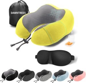 DAWNTREES Yellow Travel Pillow Neck Support,Pure Memory Foam Neck Pillows for Travel Airplane, Business Trip with Luxury Bag, Travel Kit with 3D Contoured Eye Masks, Earplugs.………
