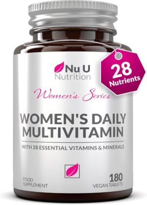 Womens Multivitamins & Minerals - 28 Essential Vitamins & Minerals with Added Hyaluronic Acid - 180 Vegan Tablets - No Synthetic Fillers or Binders - Made in The UK - Nu U Nutrition