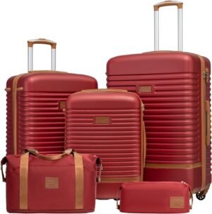 COOLIFE Suitcase Trolley Carry On Hand Cabin Luggage Hard Shell Travel Bag Lightweight with TSA Lock,The Suitcase Included 1pcs Travel Bag and 1pcs Toiletry Bag (Red/Brown, 5 Piece Set)