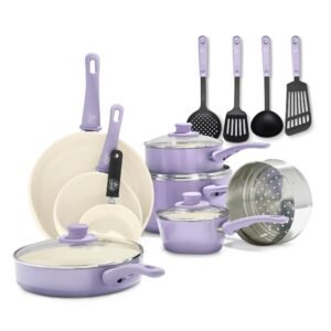 reenLife Soft rip Healthy Ceramic Nonstick 16 Piece Kitchen Cookware Pots and Pans Set, Includes Fryin Pan Skillets Sauce and Casserole, PFAS-Free, Oven Safe, Lavender