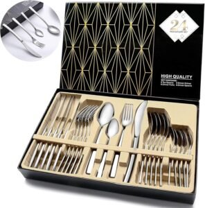 Cutlery Set, 24 Piece Cutlery Set Stainless Steel Flatware Silverware Set Including Dinner Knife Fork Spoon and Teaspoon Mirror Polished & Dishwasher Safe Cutlery Utensil Set Service for 6 (Silver)