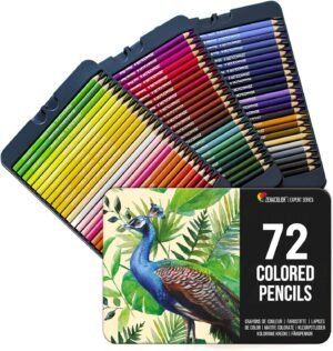 Zenacolor 72 Colouring Pencils with Metal Box 72 Unique Coloured Pencils and Pre Sharpened Crayons for Colouring Book - Easy Access with 3 Trays
