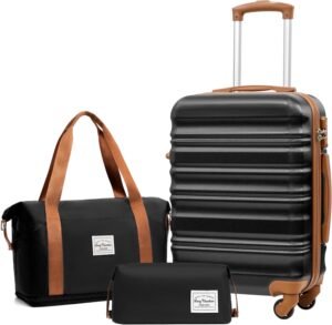 LONG VACATION Suitcase Trolley Hand Carbin Luggage, ABS Hard Shell Suitcase Set Lightweight Luggage Set 3 Piece Set Suitcase with TSA Lock Travel Bag Spinner Wheels(Black/Brown, 20 Inch Luggage Set)