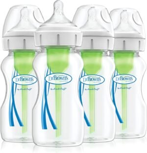 Dr Brown's Natural Flow Anti-Colic Options+ Wide-Neck Baby Bottle, 9oz/270 ml, with Level 1 Teat, Pack of 4