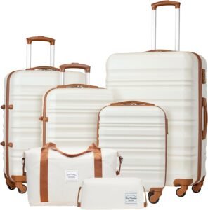 LONG VACATION Suitcase Trolley Hand Carbin Luggage, ABS Hard Shell suitcase Set Lightweight Luggage Set 4 Piece Suitcase with TSA Lock Travel Bag Spinner Wheels(White/Brown, 6 piece set)