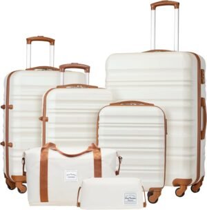 LONG VACATION Suitcase Trolley Hand Carbin Luggage, ABS Hard Shell suitcase Set Lightweight Luggage Set 4 Piece Suitcase with TSA Lock Travel Bag Spinner Wheels(White/Brown, 6 piece set)