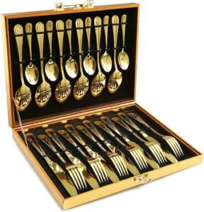 Gold Cutlery Set, OGORI 24-Piece Mirror Polished Gold Unique Wooden Box Design for Gift, Stainless Steel Flatware Set, Silverware Set with Spoon Knife and Fork Set, Service for 6