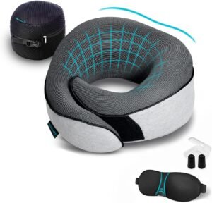 Proglobe Travel Pillow, Memory Foam Neck Pillow Set, Orthopedic Pillow, Travel Essentials for Flying, Travel Kit with 3D Contoured Sleep Mask, Earplugs and Luxury Mesh Bag (Grey)