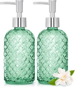 2 Pack 450ml Glass Soap Dispenser with Plastic Pump, 16 oz Diamond Cut Design Refillable Liquid Hand Soap Bottle Dispenser for Bathroom, Countertop, Kitchen Sink, Home Decor Accessories (Green)