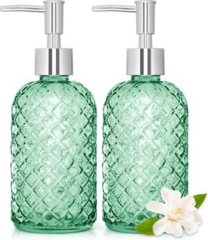 2 Pack 450ml Glass Soap Dispenser with Plastic Pump, 16 oz Diamond Cut Design Refillable Liquid Hand Soap Bottle Dispenser for Bathroom, Countertop, Kitchen Sink, Home Decor Accessories (Green)