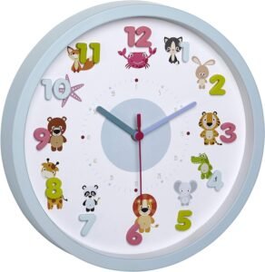 TFA Dostmann Kids Wall Clock Little, 60.3051.14, with Animal Motifs, time Teacher, Non Ticking Sweep Quartz meachnism, Light Blue, (L) 309 x (B) 44 x (H) 309 mm