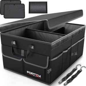 FORTEM Car Boot Organiser, Car Storage Organiser, Car Accessories, Collapsible Multi Compartment Car Organiser, Car Boot Tidy, Non Slip Bottom, Adjustable Securing Straps (Black, Large)