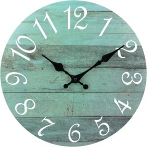 Plumeet Small Wall Clock, 10'' Frameless Wooden Wall Clocks with Silent Quartz Movement, Rustic Coastal Country Village Clock Decorative for Kitchen Bedroom Living Room, Green
