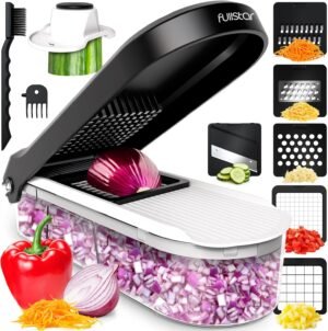 Vegetable Chopper Vegetable Cutter Mandoline Vegetable Slicer - Veggie Onion Salad Food Chopper Manual - Potato Chipper - Veg Chopper and Dicer - Kitchen Tools & Gadgets (6-in-1 Compact White)