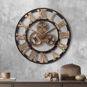 Lafocuse 23 Inch Wooden Gears Wall Clock Gold,Large Wall Clock Oversized Vintage Rustic Farmhouse Industrial Clocks for Living Room Decor