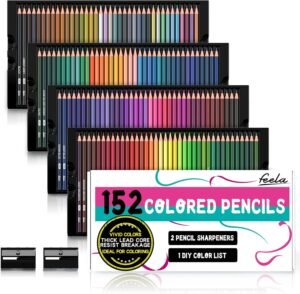 Feela 152 Colouring Pencils, Coloured Pencils Set with Pencil Sharpener Premium Soft Core for Adult Colouring Books Doodling Sketching