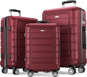 SHOWKOO Luggage Sets 3 Piece Hard Shell PC+ABS Expandable Lightweight Durable Trolley Travel Suitcase with Spinner Wheels TSA Lock, 20" 24" 28" -Wine Red