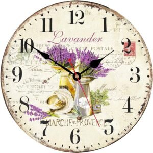 TAHEAT Romantic Lavander Wall Clock, French Purple Love Floral Clocks, Accurate Decorative Easy to Read Wall Clock for Living Room/Bedroom/Bathroom/Kitchen, 14 Inch