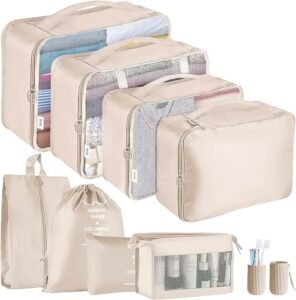 Jsdoin Packing Cubes for Suitcase,9PCS Travel Luggage Packing Organizers for Backpack, Waterproof Travel Essentials Bag, Travel Accessories(Beige)