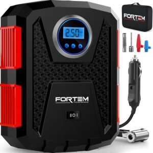 FORTEM Tyre Inflator Air Compressor, Car Tyre Pump, Car Tyre Inflator 12v, Electric Car Pump for Tyres w/LED Light, Digital Tyre Inflator for Bikes, Auto Pump/Shut Off, Carrying Case (Red)