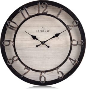 Lafocuse Silent Black Rustic Farmhouse Wall Clock with Raised 3D Arabic Numerals for Home Decor 12 Inch, Battery Operated Shabby Chic Kitchen Wall Clocks Decorative for Living Room Bedroom Office