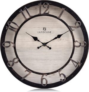 Lafocuse Silent Black Rustic Farmhouse Wall Clock with Raised 3D Arabic Numerals for Home Decor 12 Inch, Battery Operated Shabby Chic Kitchen Wall Clocks Decorative for Living Room Bedroom Office