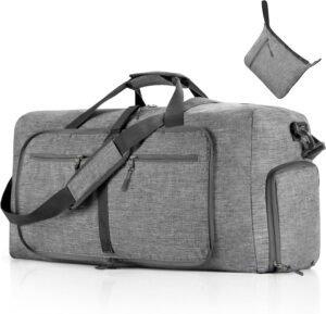Vomgomfom Travel Duffle Bag for Men Women, 65L Foldable Holdall Bag with Shoes Compartment Overnight Bag Waterproof & Tear Resistant (Grey)