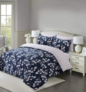 Divine Textiles Easy Care 3 Pcs Reversible Pattern Printed Duvet Cover Set With 2 Pillow Cases, Super King 260 x 220 - Blue Zigzag