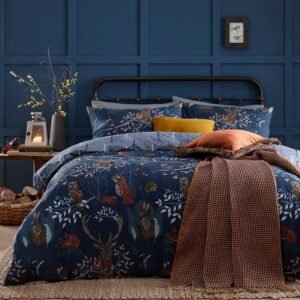furn. Forest Fauna 3 pieces, King Duvet Cover Set, Cotton, Polyester, Navy (FORESTF/D03/NVY) , Blue