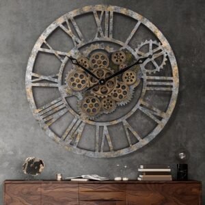 Lafocuse 23 Inch Wooden Real Moving Gears Wall Clock Distressed Bronze,Large Oversized Farmhouse Rustic Vintage Industrial Clock for Living Room Decor