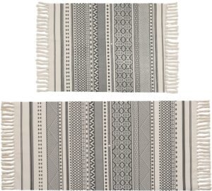 Yomshi 2'x3'+2'x4.2' Boho Rug Cotton Area Rug Set of 2 Moroccan Rug with Tassels Geometric Printed Machine Washable Rug Kitchen Carpet Runner Woven Rug for Bedroom, Kitchen, Entryway, Hallway