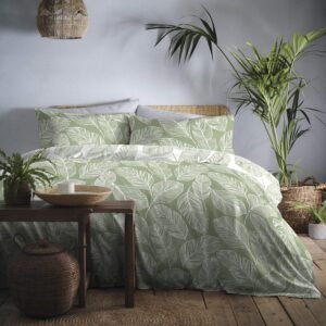 Fusion - Matteo Green Leaf Duvet Cover - King Bedding Size (230 x 220cm) - Reversible Design (White & Green Colours) - Green Leaf/Leaves Duvet Cover - Sage Green Bedding - Matteo Collection