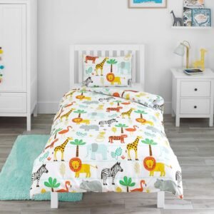Bloomsbury Mill - Kids Single Duvet Cover Set - Childrens Single Bedding for Boys and Girls - Safari Adventure - Jungle Animals Single Bed Duvet Cover Set with Pillow Case - 135x200cm