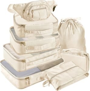 Packing Cubes for Backpack with Bumbag, Dyzena 8 PCS Suitcase Dividers Luggage Packing Organiser Bags for Travel Essentials, Beige