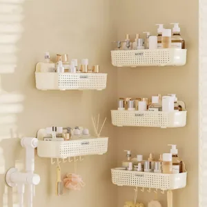 Shower Wall-mounted Kitchen Bathroom Holder Shelf, Basket with Hooks for Hanging