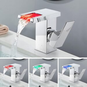 LED Bathroom Sink Taps RGB Waterfall Basin Faucet Brass Temperatu