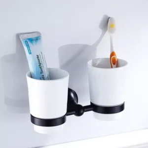 Oil Rubbed Bronze Wall Mounted Bathroom Toothbrush Holders Dual Ceramic Cup