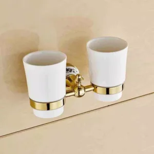 Gold Color Brass Bathroom Wall Mount Double Ceramic Cups Toothbrush Holder