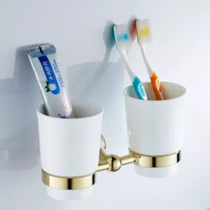 Polished Gold Wall Toothbrush Tumbler Holder with Double Cup Bathroom Accessory