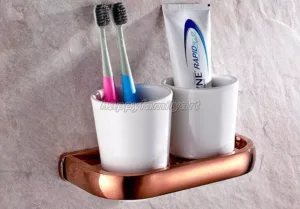 Rose Gold Copper Bathroom Wall Mount Toothbrush Holder with Ceramic Cups yba870
