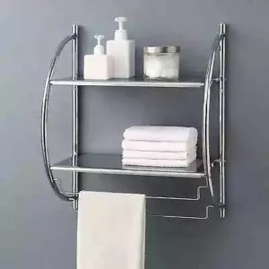 2 Tier Wall Mounted Curved Bathroom Storage Shelf with 2 Hanging Rail Towel Rack