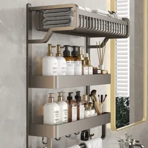 2/3Tier Wall Mounted Basket Shower Rack Bathroom Storage Shelf Towel Rail Holder
