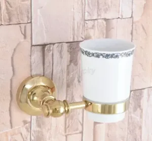 Gold Color Brass Bathroom Wall Mounted Single Ceramic Cup Toothbrush Holders