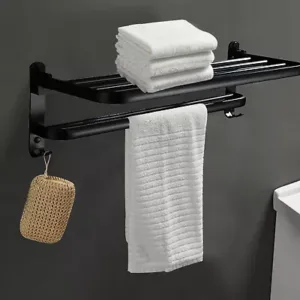 2 Tier Wall Mounted Towel Rack Bathroom Hotel Rail Holder Storage Shelf Foldable