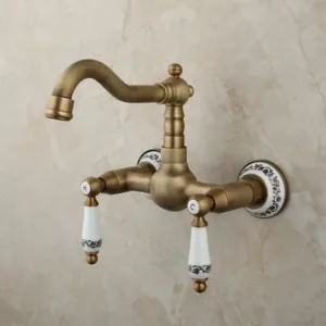 Antique Brass Wall Mounted Swivel Kitchen Bathroom Basin Sink Faucet Mixer Tap